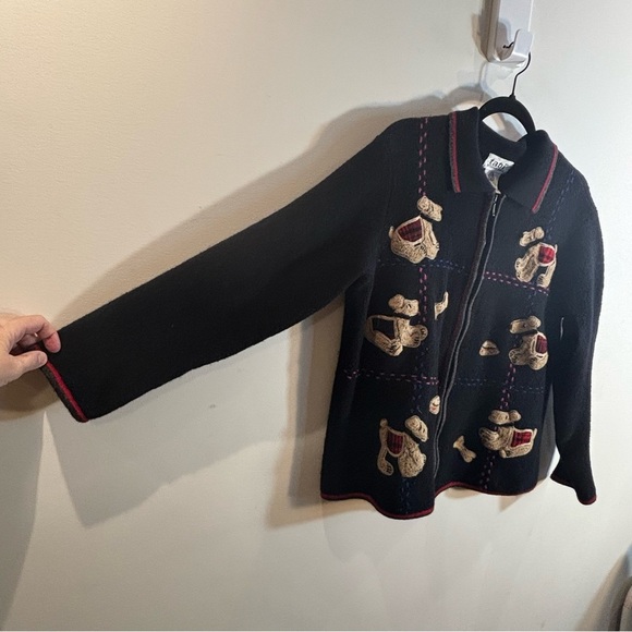TABI INTERNATIONAL Sz XL Black Dog Pattern Cardigan Jacket Zipper 100% Wool - Picture 4 of 12